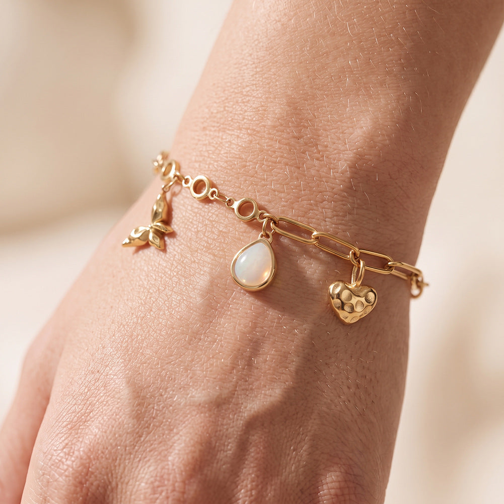 14K Gold Plated Stainless Steel Mixed Link Bracelet with Baroque Pearl, Butterfly and Hammered Heart Charms