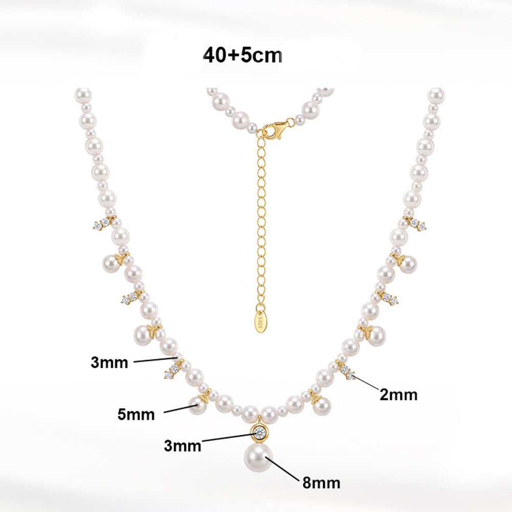 S925 Sterling Silver Graduated Grey Pearl Necklace, Round Glossy Grey Pearls with Soft Lustre Decorated with Sparkling Zircon Cross Charms