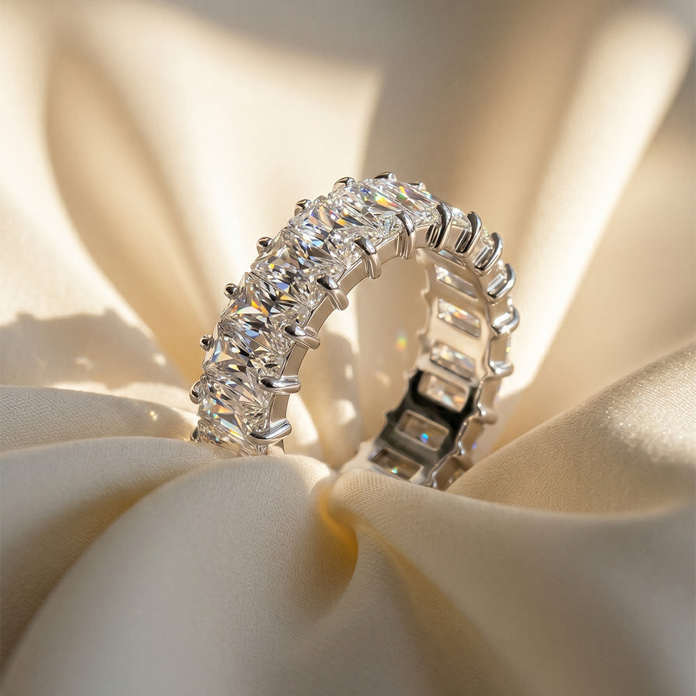 316 Stainless Steel Full Eternity Band Ring, Prong Set Rectangular Emerald Cut Cubic Zirconia All Around, Polished Shiny Finish, Stackable Sparkling Wedding Band for Women