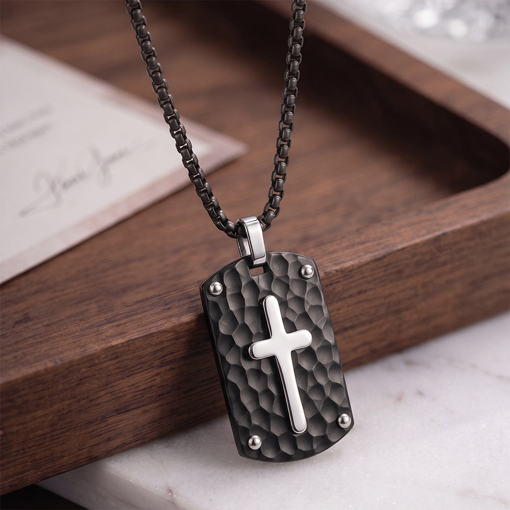 316 Stainless Steel Hammered Textured Black Dog Tag Necklace, Two-Tone Silver Inlaid Cross Pendant with Rivet Details, Black Box Chain for Men