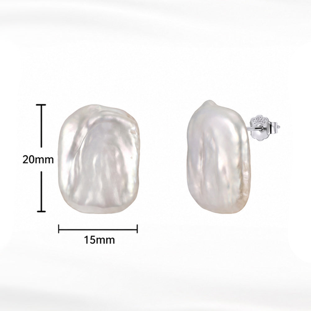 S925 Sterling Silver Rectangle Baroque Pearl Stud Earrings, Chunky Irregular Rectangle Baroque Pearl with Shimmering Natural Orient