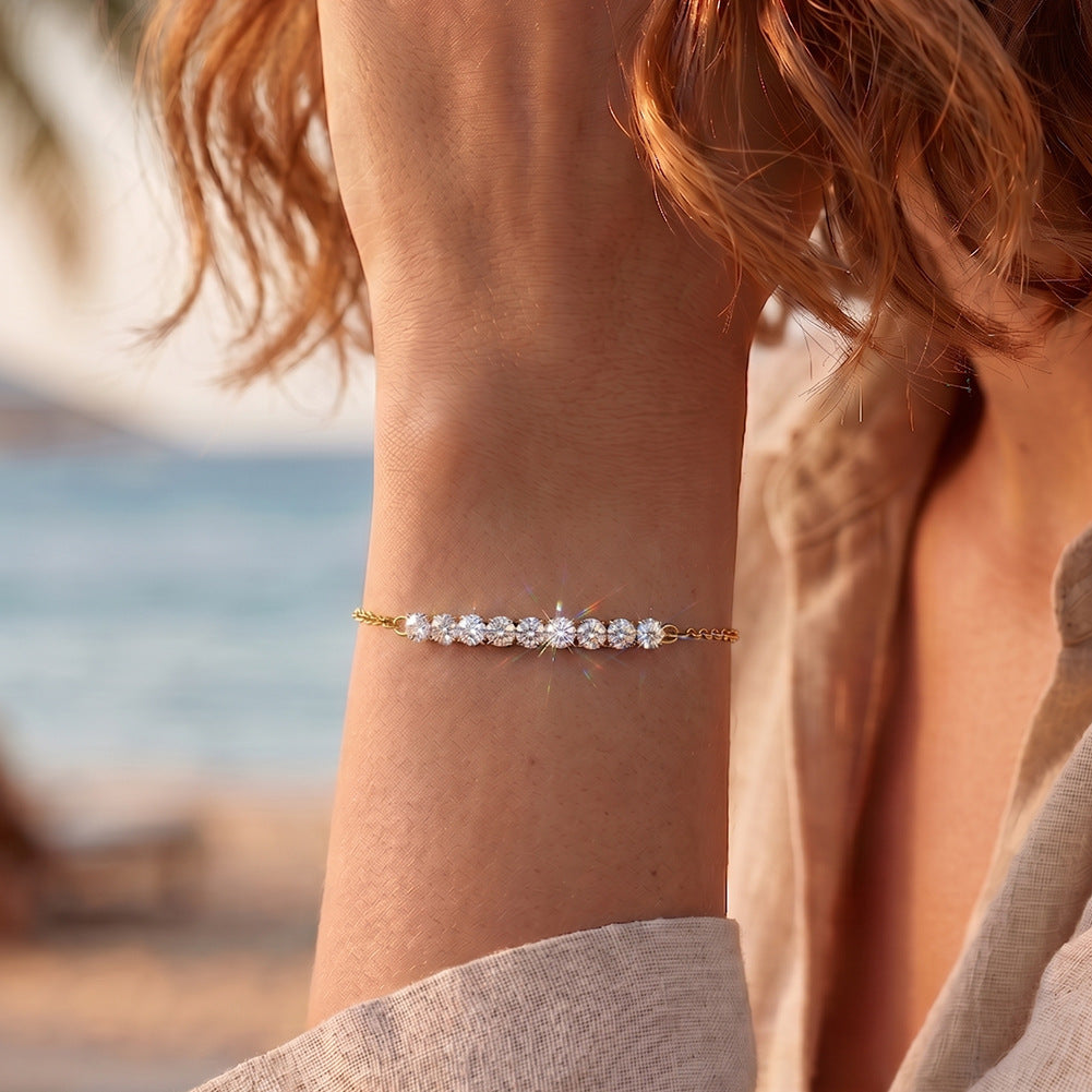 316 Stainless Steel Dainty Thin Cable Chain Bracelet, Horizontal Row of Nine Square Bezel Set CZ Crystals, Sparkling Stackable Design with Adjustable Extender and Engraved 316 Tag