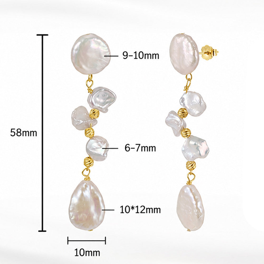 S925 Sterling Silver Cascading Keshi Pearl Long Drop Earrings, Stacked Petal Keshi Pearls and Teardrop Baroque Pearl with Gentle Lustre