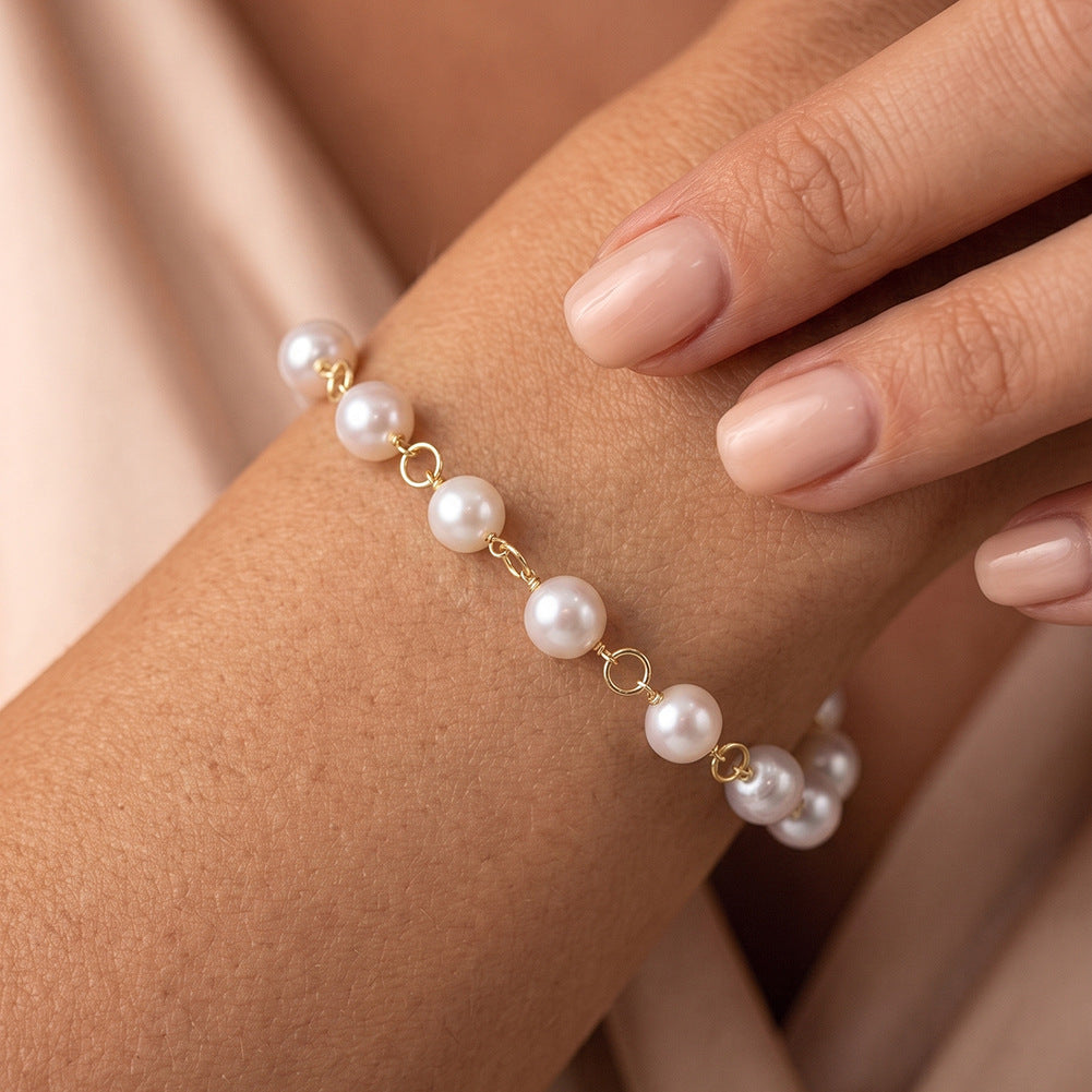 S925 Gold Plated S925 Sterling Silver Pearl Bracelet, Uniform Round Cream Pearls with Bright Elegant Lustre on Chunky Gold Chain
