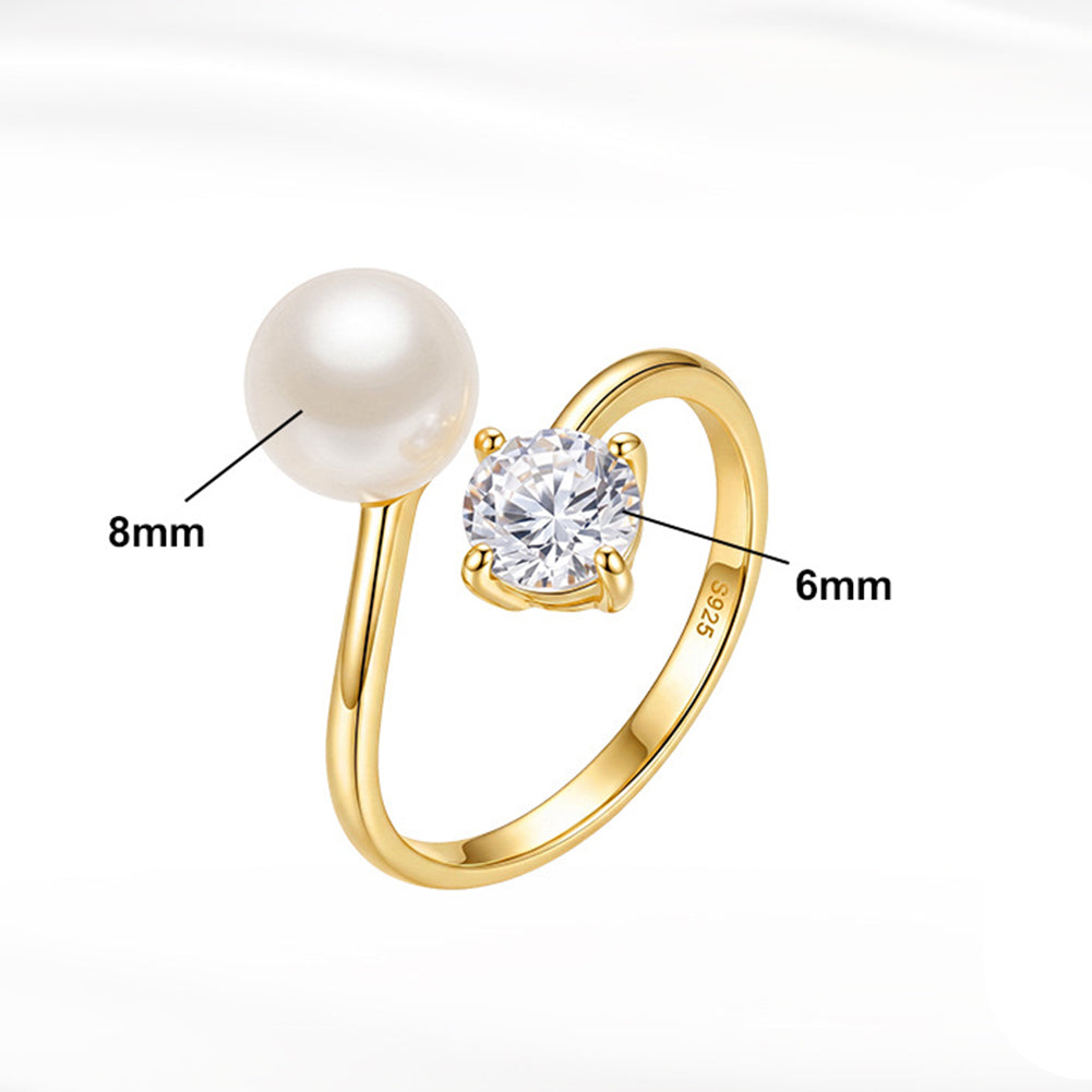 S925 Sterling Silver Open Cuff Ring, Big Smooth Round Pearl with Gentle Silky Luster and Single Brilliant Round Cut Zircon Accent