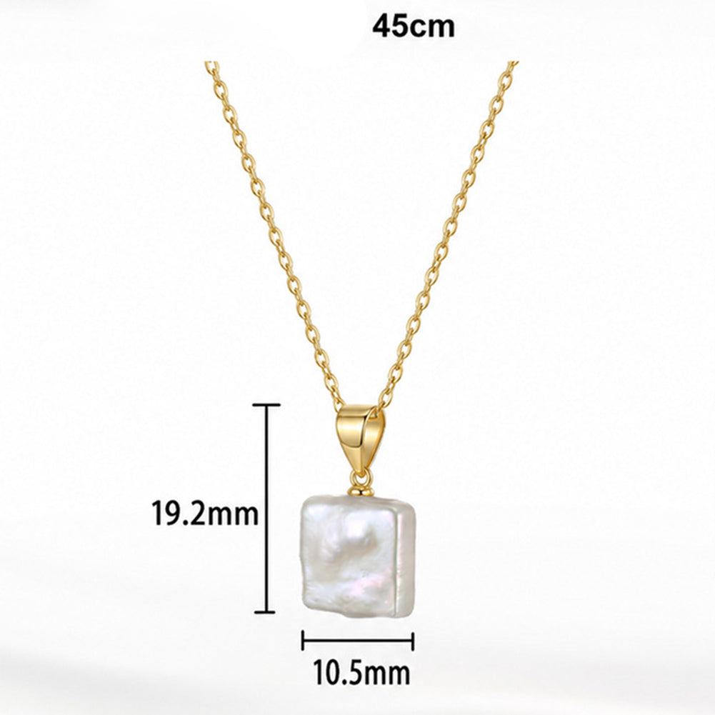 S925 Sterling Silver Square Baroque Pearl Pendant Necklace, Large Flat Square Freshwater Pearl with Soft Rainbow Iridescence