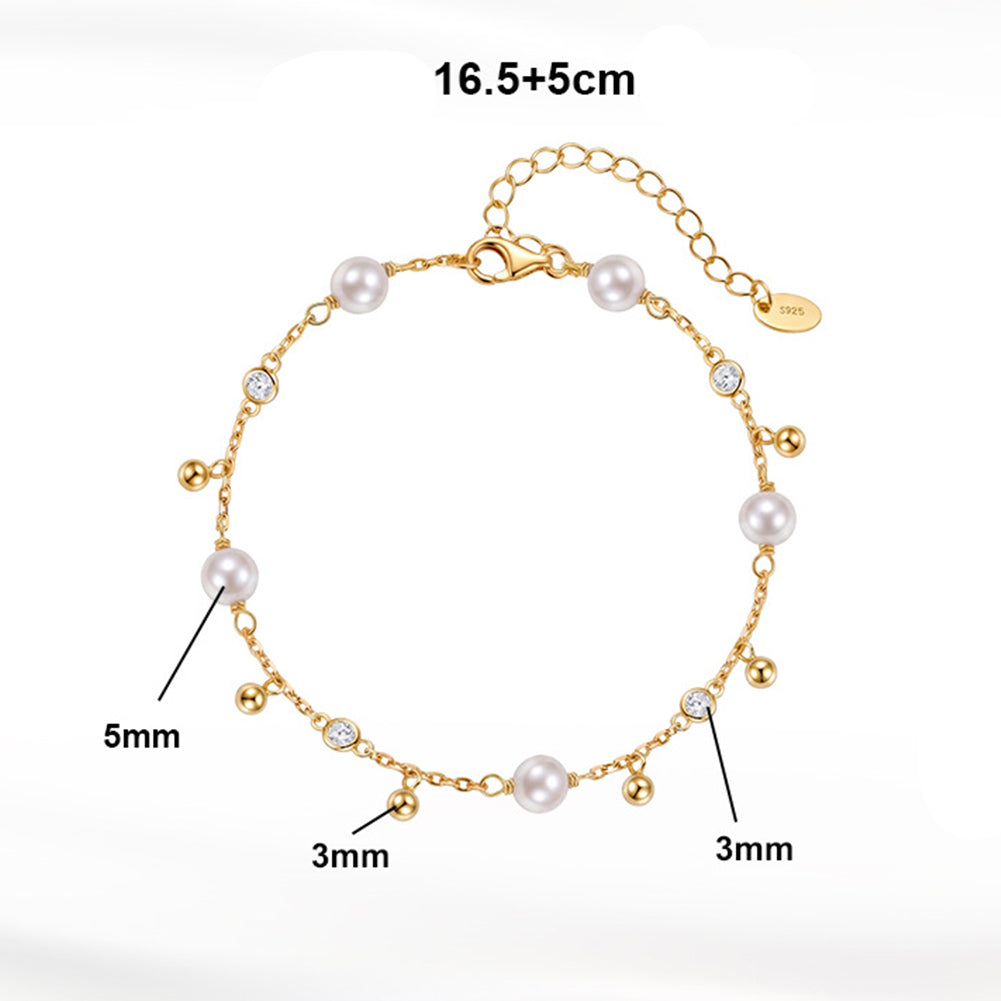 S925 Sterling Silver Dainty Pearl Bracelet, Creamy Round Pearls with Gentle Iridescent Luster, Tiny Zircon and Silver Ball Charms