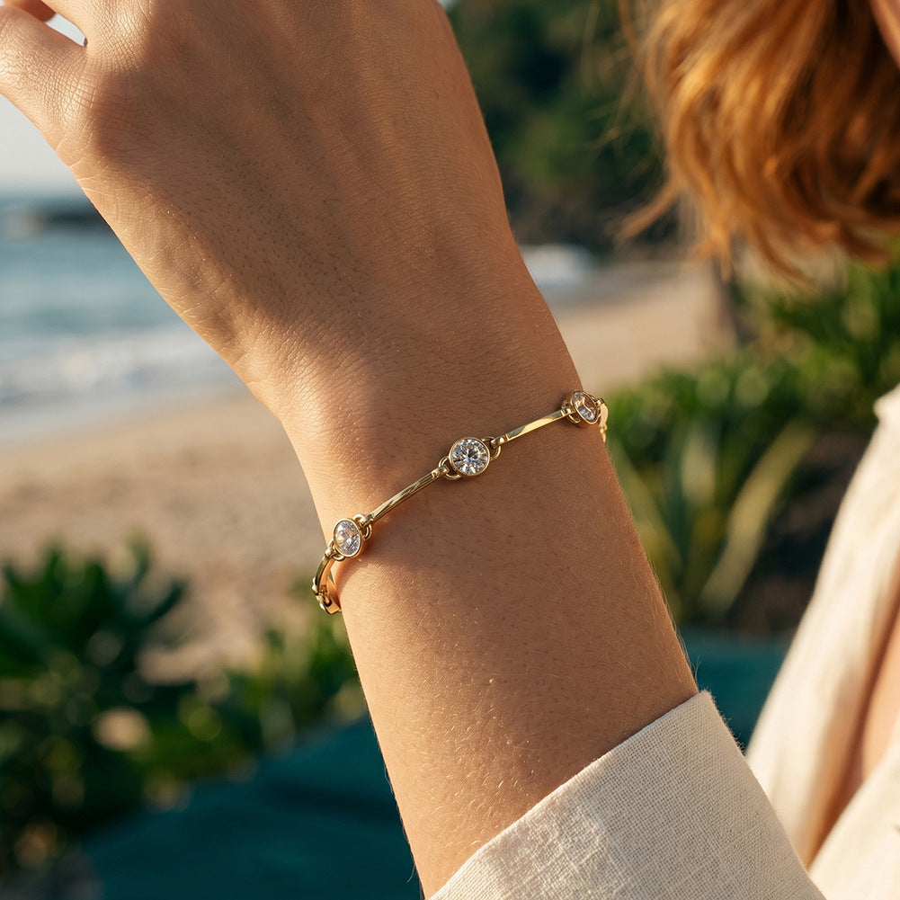 316 Stainless Steel Polished Curved Bar Bracelet with Bezel Set Round CZ Stones, 7 Sparkling Solitaire Cubic Zirconia, Adjustable Extension Chain and Lobster Clasp for Women