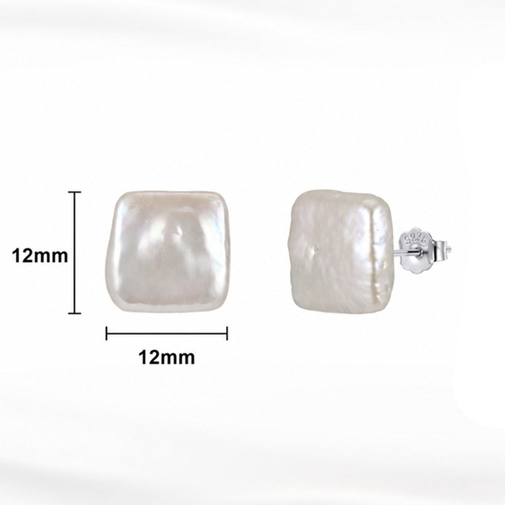 S925 Sterling Silver Square Baroque Pearl Stud Earrings, Smooth Square-Shaped Baroque Pearl with Delicate Soft Iridescent Sheen