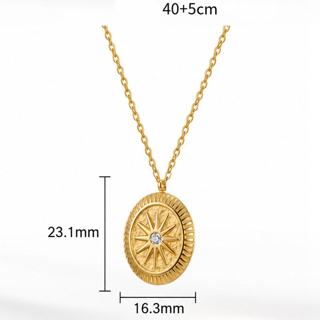 Stainless Steel Oval Sunburst Medallion Necklace, Textured Oval Sunburst Pendant with Central Sparkling CZ Stone, Vintage Hammered Surface Design