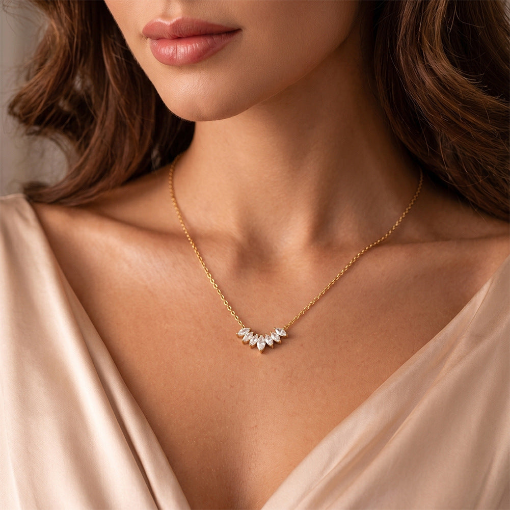 Stainless Steel Marquise CZ Curve Necklace, Six Sparkling Marquise Cut Cubic Zirconia Arranged in V-Shape Pendant, Dainty Link Chain