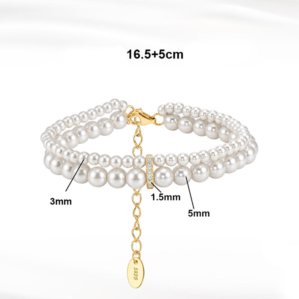 S925 Sterling Silver Multi-Layer Grey Pearl Bracelet, Graduated Round Grey Pearls with Silky Gray Shimmer Accented with Sparkling Zircon