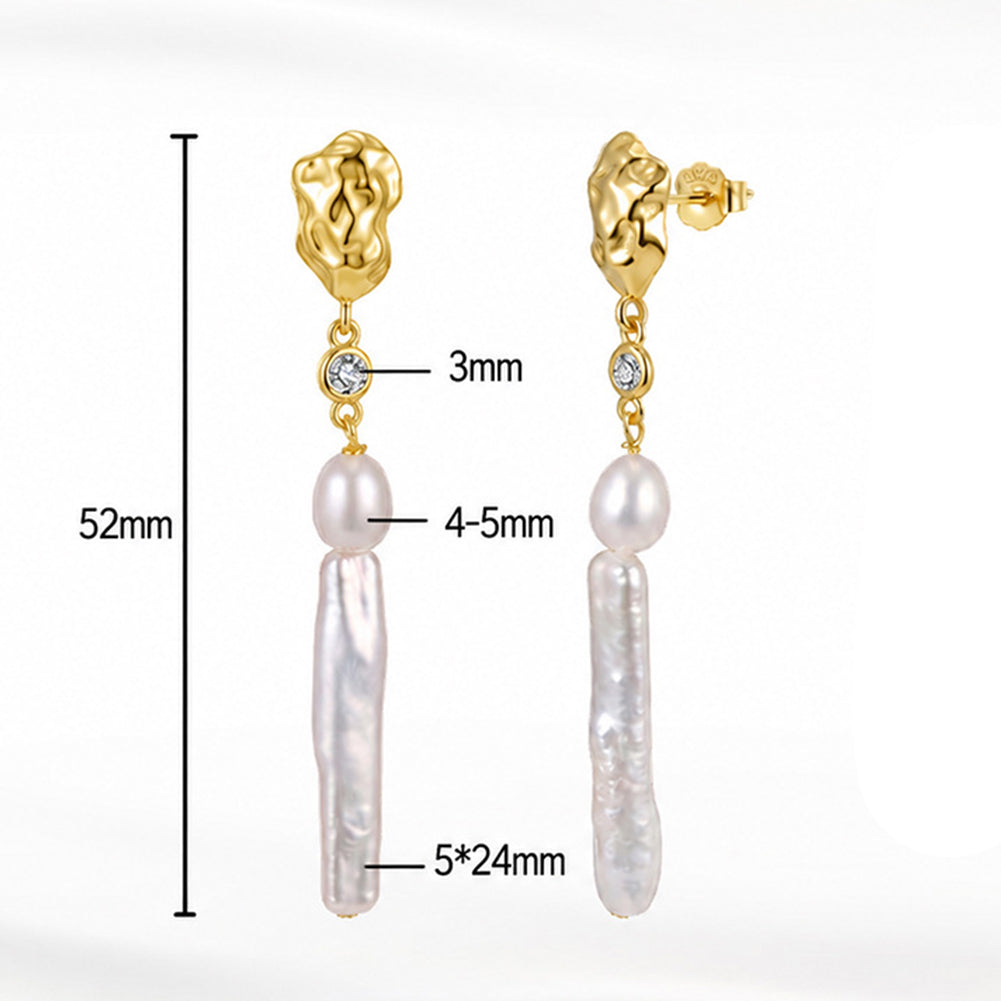 S925 Sterling Silver Long Biwa Pearl Dangle Earrings, Oval Rice Pearl and Elongated Baroque Biwa Pearl with Soft Creamy Natural Sheen
