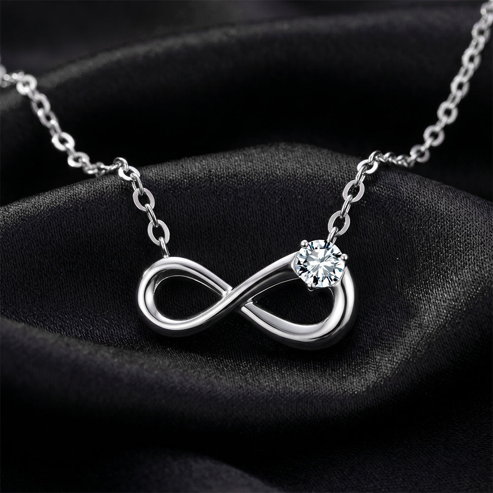 316 Stainless Steel Smooth Polished Infinity Pendant Necklace, Single Round Brilliant CZ Stone Setting, Minimalist Sleek Cable Chain