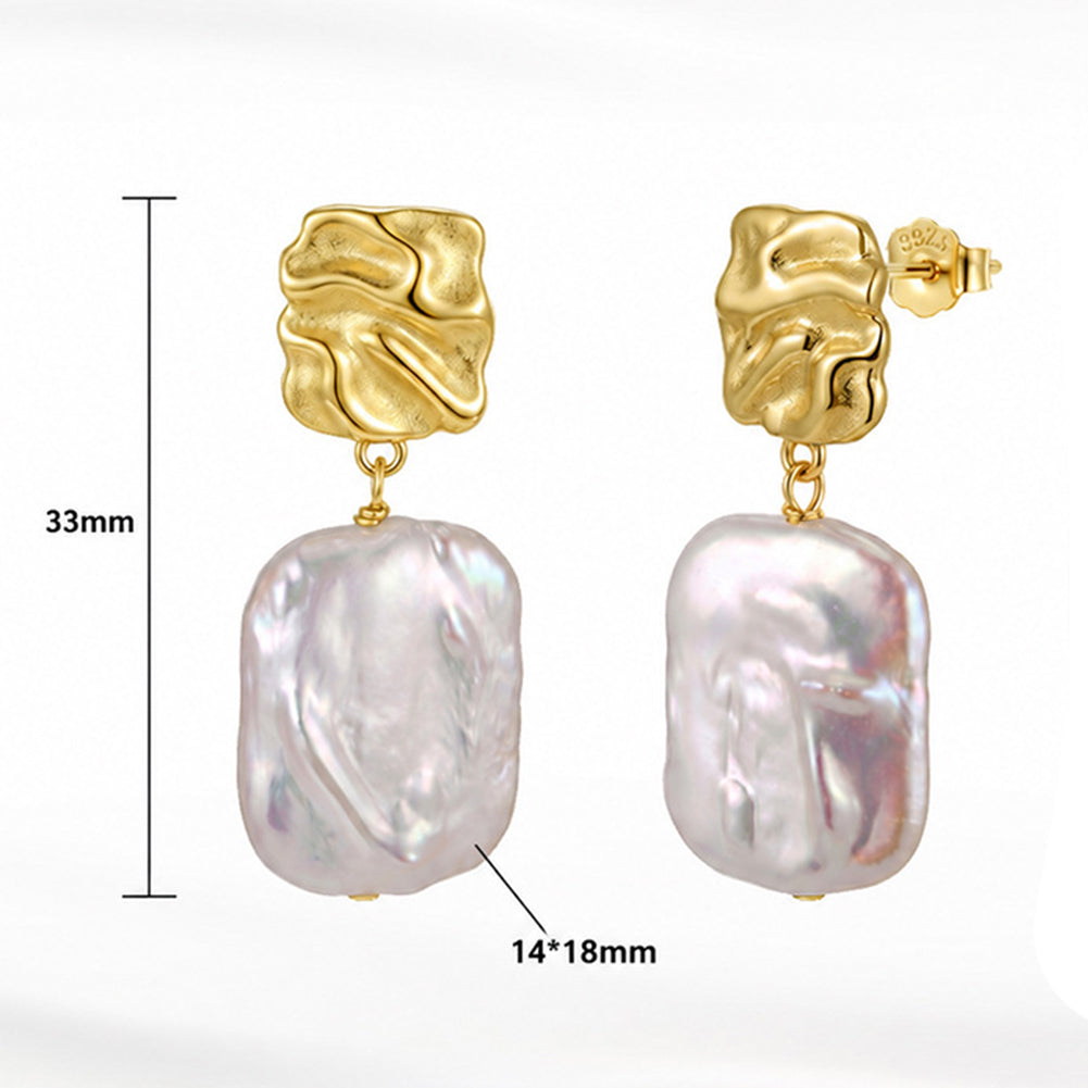 S925 Sterling Silver Textured Square Baroque Pearl Earrings, Large Rectangular Baroque Pearl with Vibrant Rainbow Luster