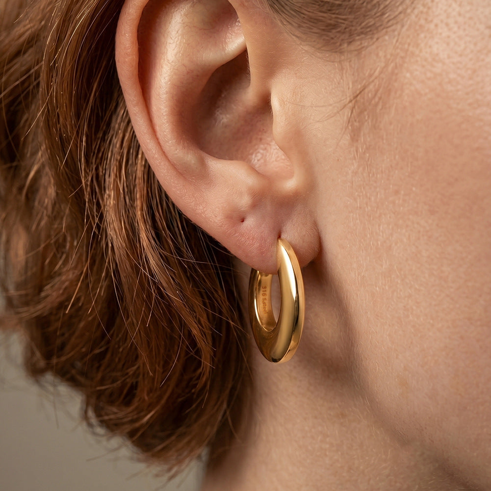 316 Stainless Steel Wide Flat Chunky Huggie Hoop Earrings, Thick Curved Band, Highly Polished Mirror Surface, Hinged Snap Lock, Bold Minimalist C-shaped Hoop Earrings