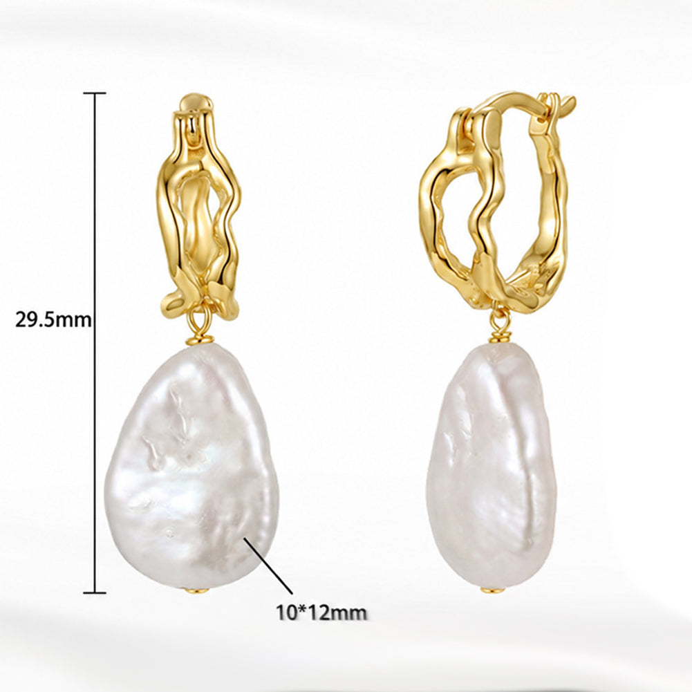 S925 Sterling Silver Wavy Open Hoop Baroque Pearl Earrings, Teardrop Baroque Pearl with Shimmering Iridescent Surface