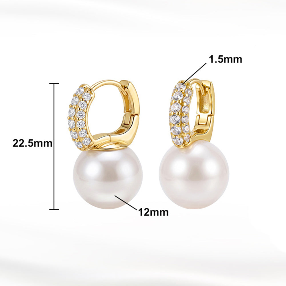 S925 Sterling Silver Huggie Hoop Pearl Earrings, Big Smooth Round Pearl with Bright Silky Luster Dangling from Pave Zircon Hoop