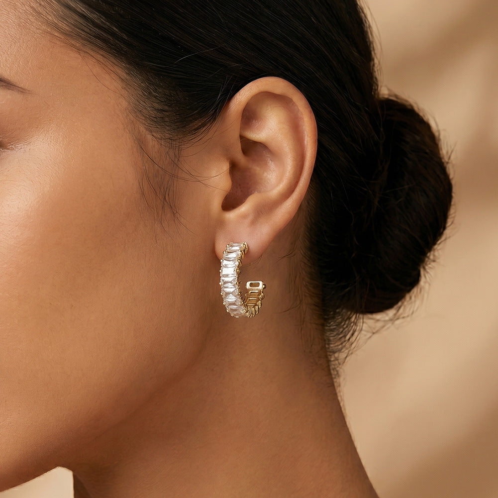 316 Stainless Steel C-shaped Half Hoop Stud Earrings, Full Paved Horizontal Baguette Cut Cubic Zirconia, Prong Setting, Secure Butterfly Backs, Glamour Sparkling Statement Earrings