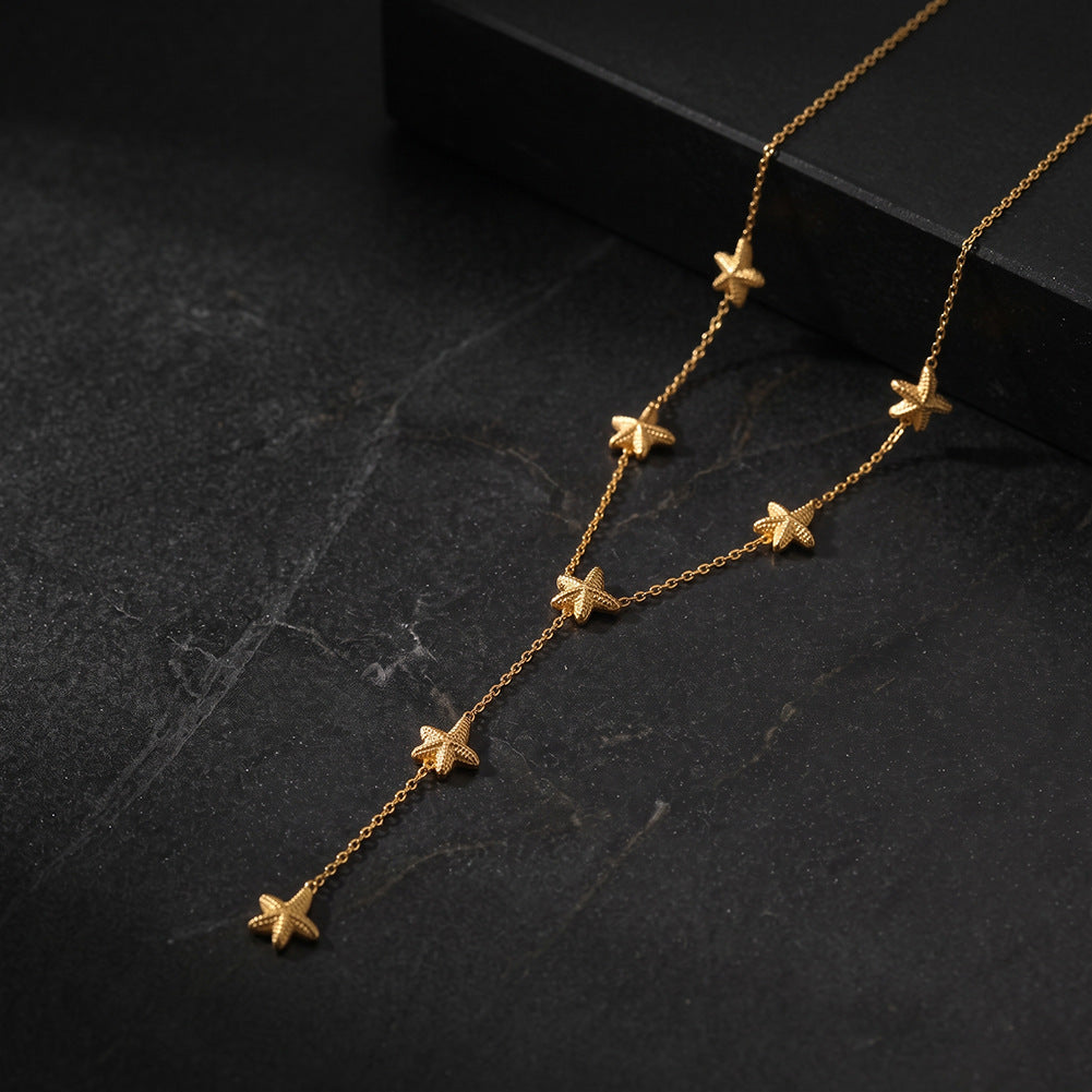 Stainless Steel Starfish Y Drop Necklace, Multi Paved CZ Starfish Charms on Dainty Cable Chain, Beach Inspired Layered Y Pendant Necklace