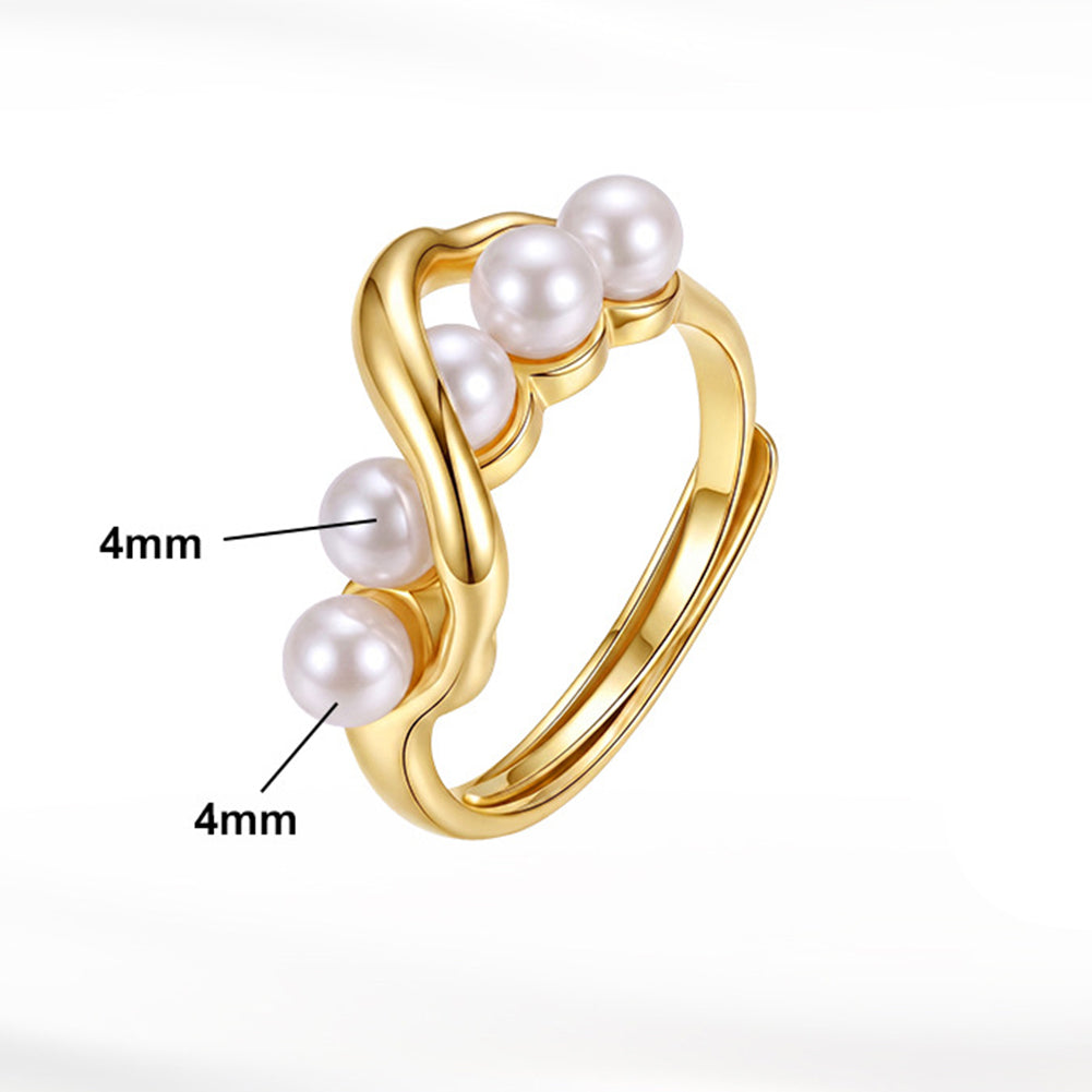S925 Sterling Silver Intertwined Open Ring, Five Smooth Round Pearls with Rich Creamy Luster on Twisted Polished Silver Band