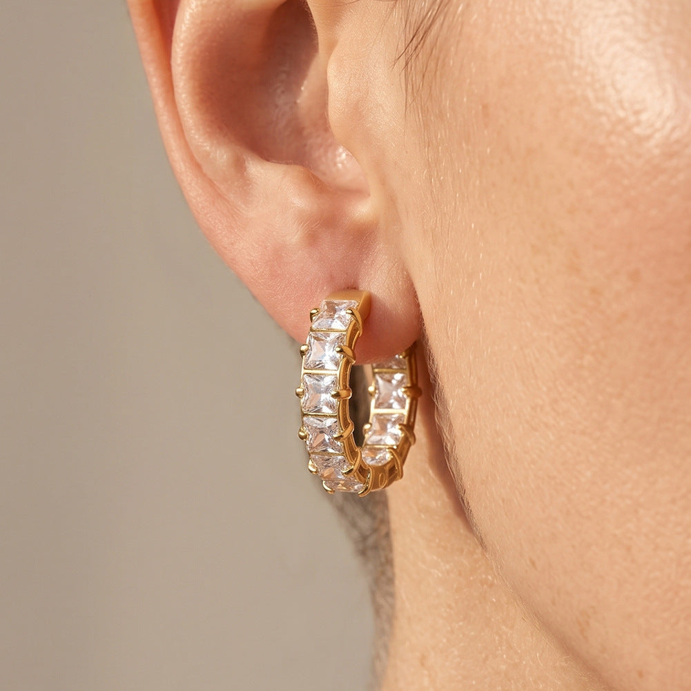 316 Stainless Steel Square Cut CZ Paved Huggie Hoop Earrings, Full Outer Row of Princess Cut Cubic Zirconia, Open Hollow Frame Structure, Hinged Snap Closure, Luxe Sparkling Stackable Hoop Earrings