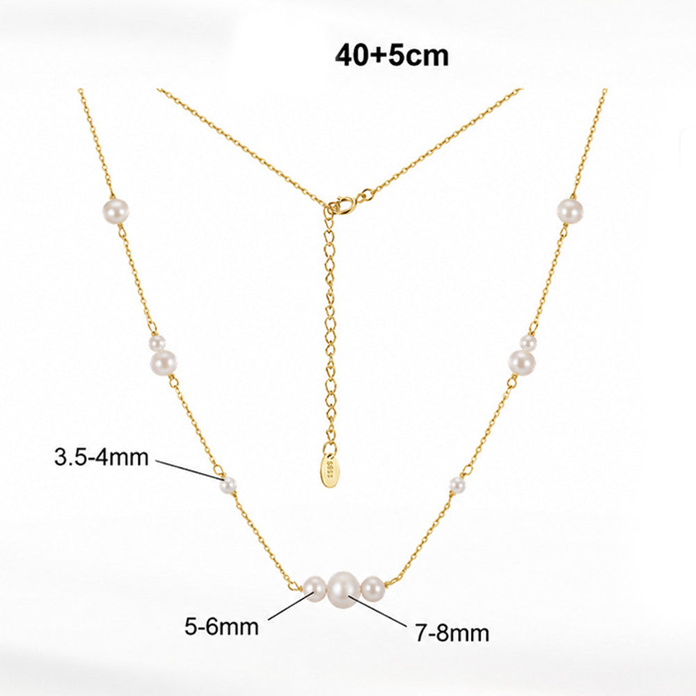 S925 Sterling Silver Dainty Station Freshwater Pearl Necklace, Multi-Size Creamy White Pearls with Gentle Natural Iridescent Luster