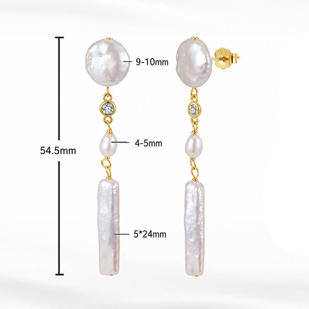 S925 Sterling Silver Multi-Shape Baroque Pearl Long Drop Earrings, Coin Pearl, Rice Pearl and Biwa Stick Pearl with Iridescent Luster
