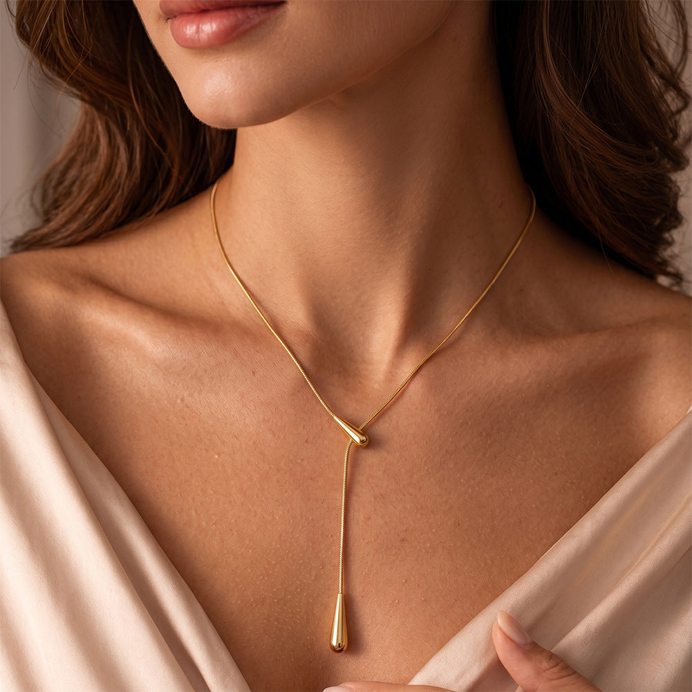 Stainless Steel Sliding Teardrop Lariat Necklace, Adjustable Y-Style Lariat with Two Glossy Teardrop Charms on Slim Snake Chain