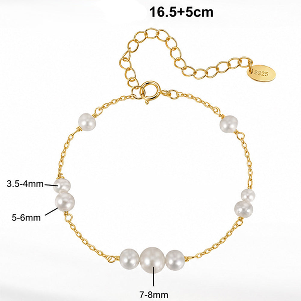 S925 Sterling Silver Delicate Station Pearl Bracelet, Graduated White Freshwater Pearls with Soft Subtle Natural Luster