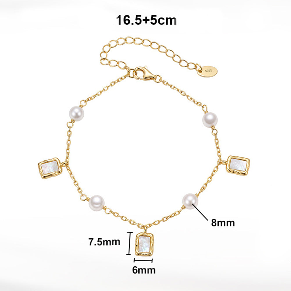 S925 Sterling Silver Bracelet, Round Lustrous Freshwater Pearls with Soft Natural Sheen and Square Mother-of-Pearl Charms