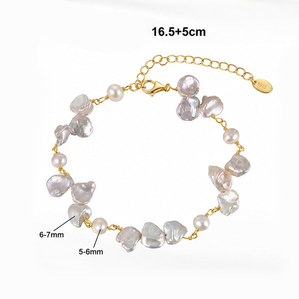 S925 Sterling Silver Keshi Baroque Pearl Bracelet, Irregular Petal-Shaped Freshwater Pearls with Colorful Rainbow Orient Luster