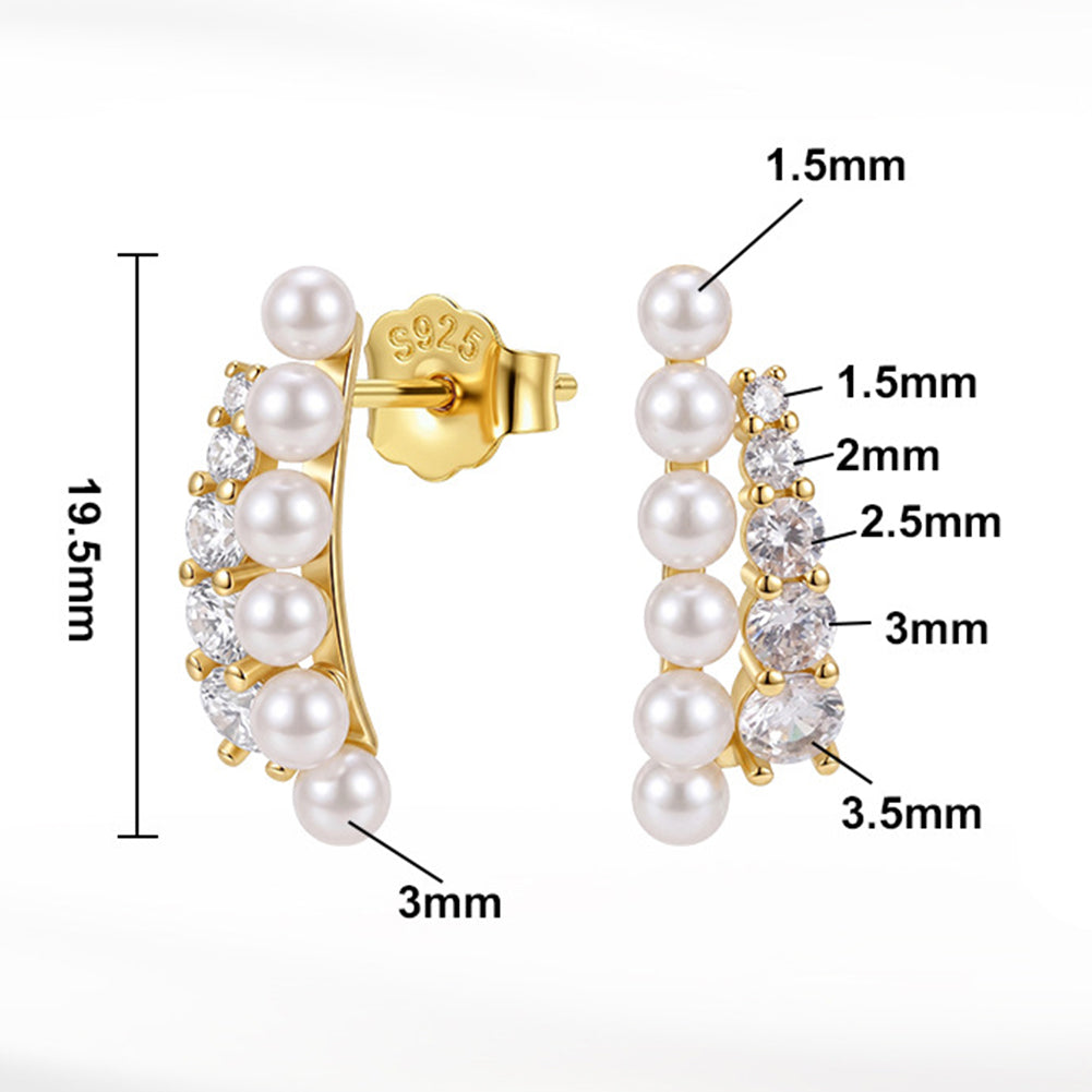 S925 Sterling Silver Curved Cuff Stud Earrings, Lustrous Round Pearls with Soft Natural Luster Paired with Graduated Sparkling Cubic Zirconia