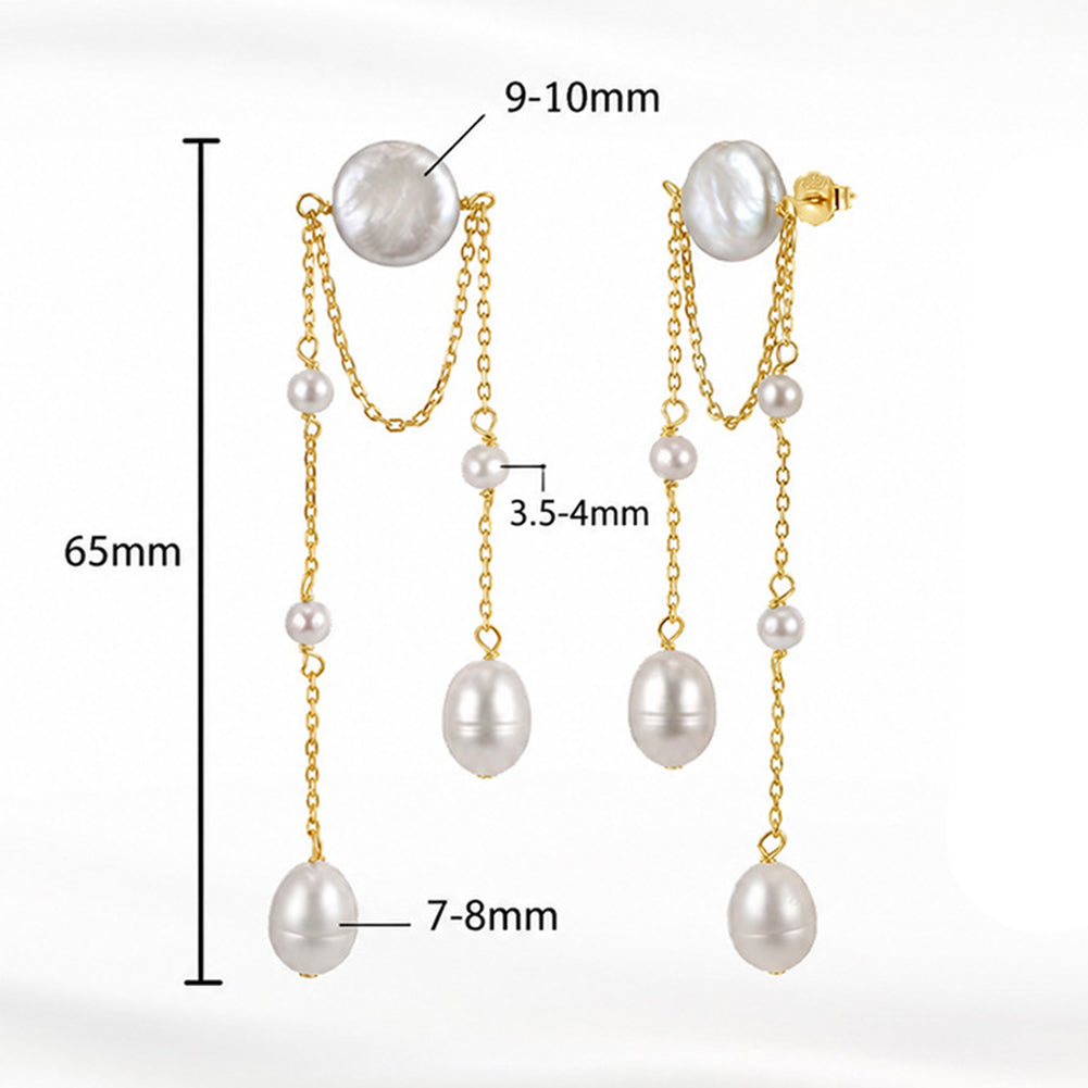 S925 Sterling Silver Tassel Chain Layered Pearl Earrings, Coin Pearl and Graduated Oval Pearls with Smooth Glossy Pearl Surface