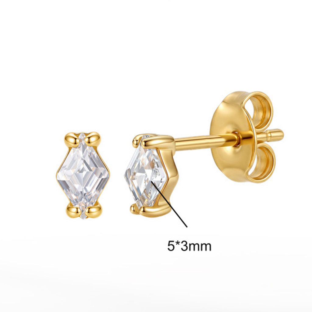316 Stainless Steel Elongated Kite Cut Cubic Zirconia Stud Earrings, Four Prong Setting, Polished Smooth Silver Finish, Secure Ear Post and Butterfly Backs, Minimalist Sparkling Geometric Earrings for Women