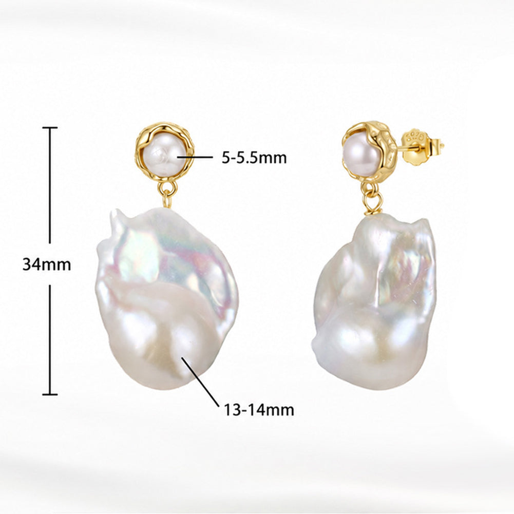 S925 Sterling Silver Dual Pearl Drop Earrings, Small Round Lustrous Pearl with Large Irregular Baroque Pearl Showing Vibrant Rainbow Orient