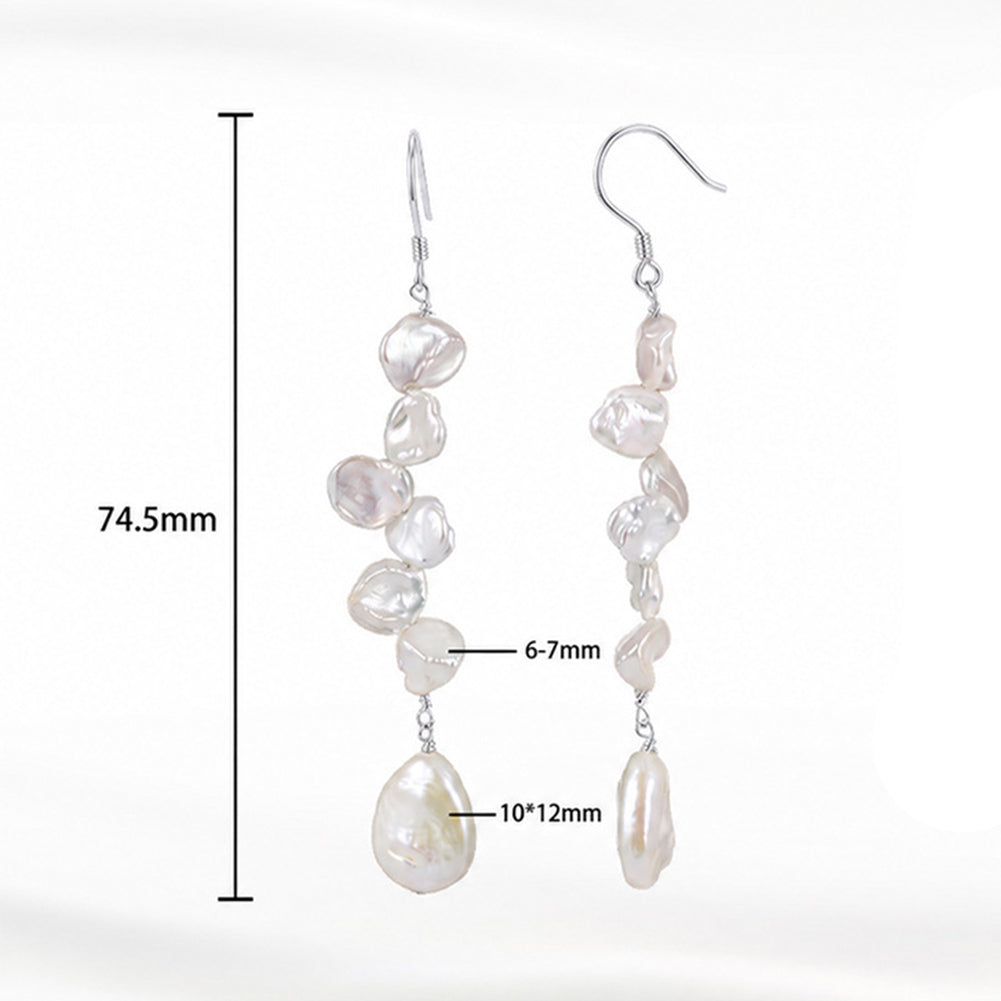 S925 Sterling Silver Keshi Pearl Long Fish Hook Earrings, Cascading Petal-Shaped Keshi Pearls with Soft Natural Sheen