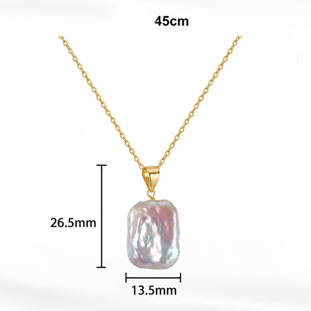 S925 Sterling Silver Irregular Rectangle Baroque Pearl Pendant Necklace, Large Biwa Freshwater Pearl with Glossy Colorful Pearl Sheen