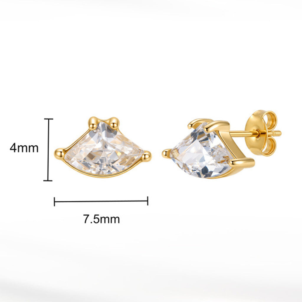 316 Stainless Steel Fan Shaped Cubic Zirconia Stud Earrings, Three Prong Setting, Large Brilliant Cut CZ Stone, Glossy Polished Surface, Classic Butterfly Clasp Backs, Elegant Statement Stud Earrings