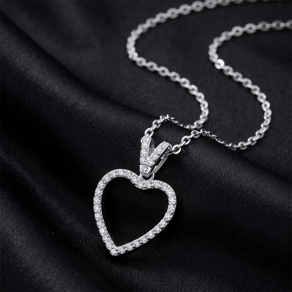316 Stainless Steel Open Hollow Heart Necklace, Full Paved Sparkling Cubic Zirconia Outline, Dainty V-shaped CZ Paved Bail, Thin Cable Chain
