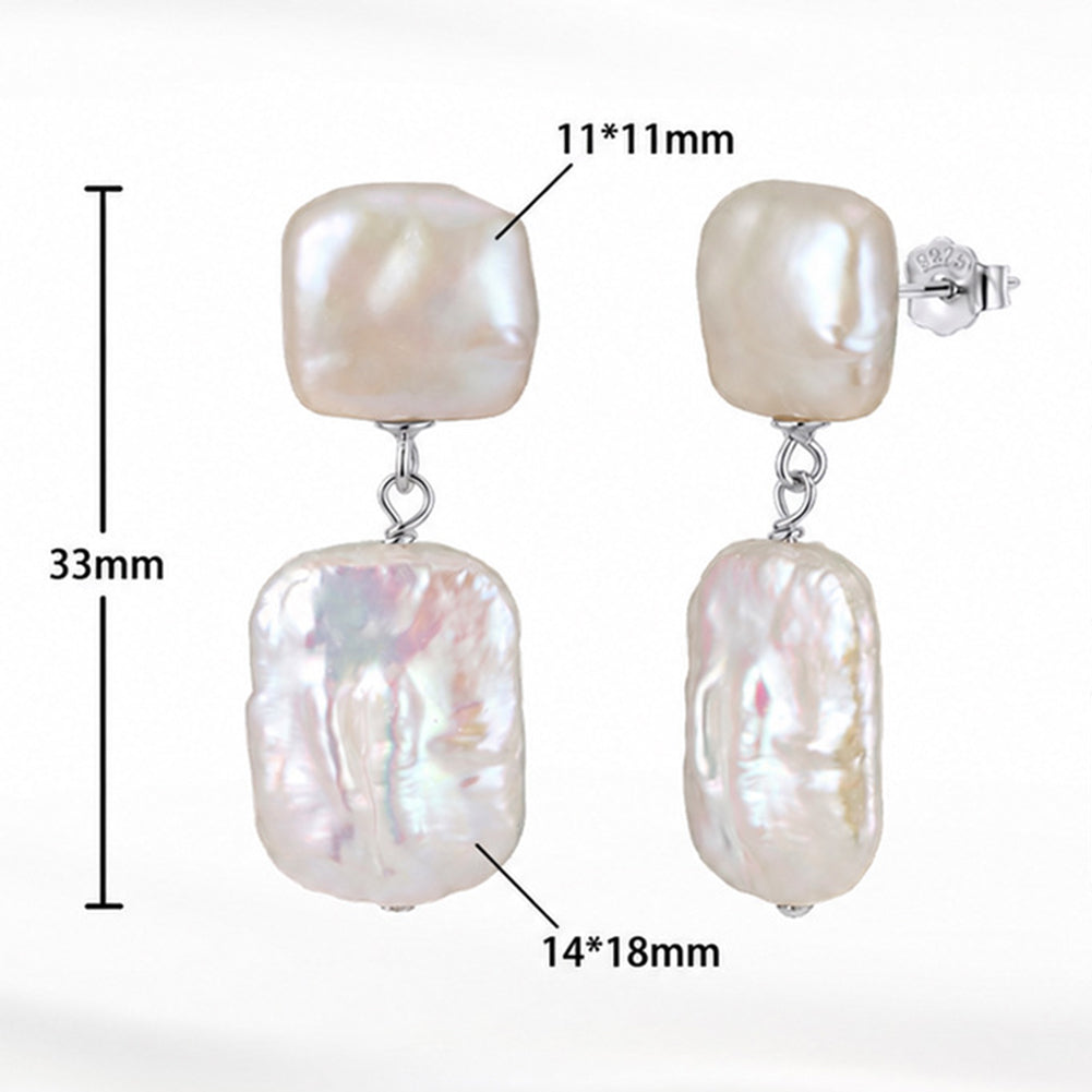 S925 Sterling Silver Double Square Baroque Pearl Drop Earrings, Two Stacked Square Baroque Pearls with Bright Rainbow Pearl Luster