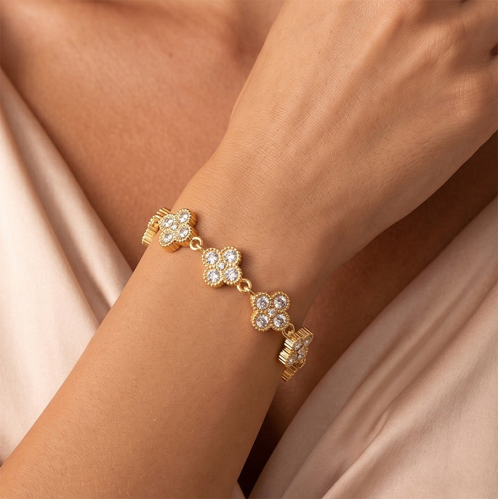 Stainless Steel Pave CZ Four Leaf Clover Bracelet, Full Paved Clear Zirconia Clover Station Bracelet