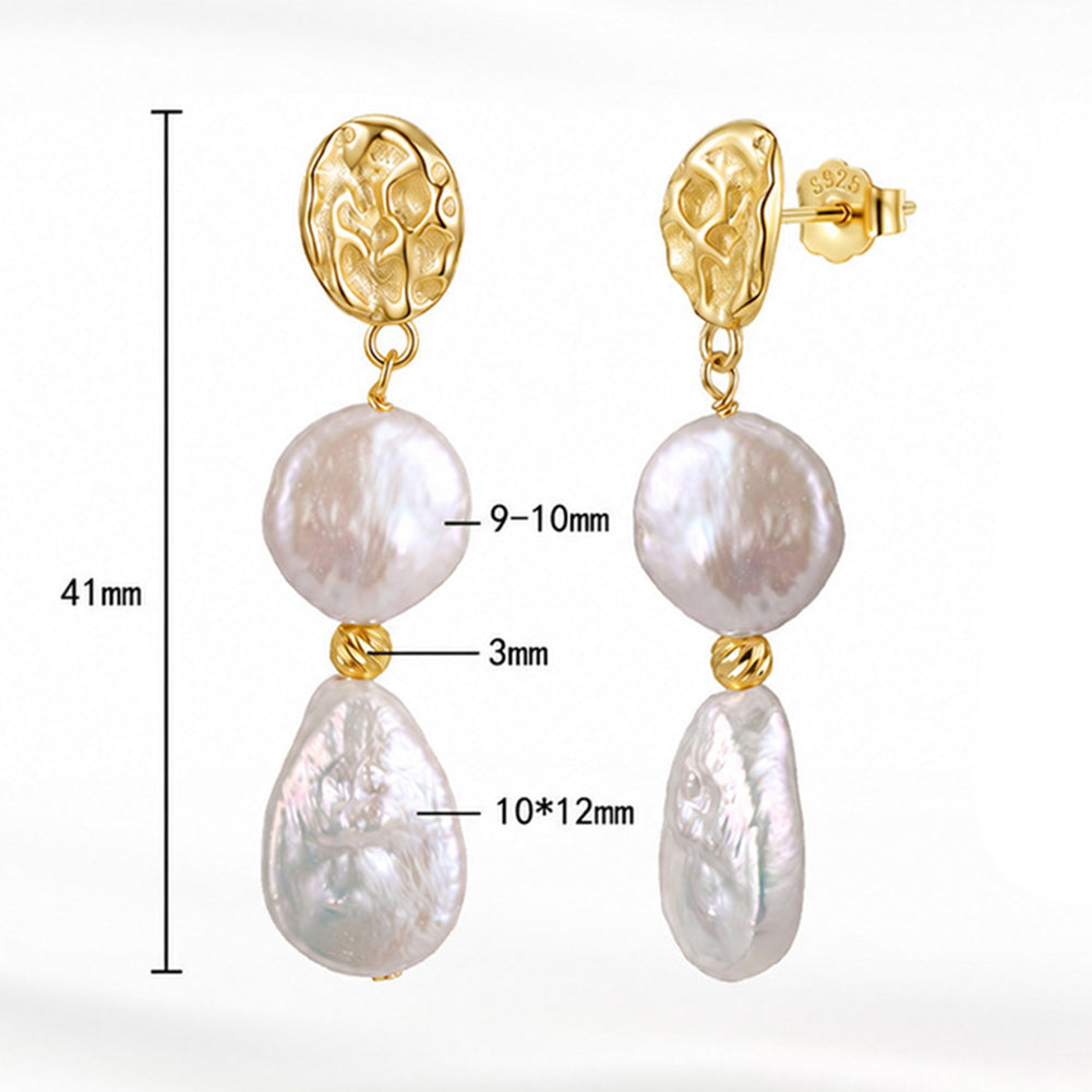 S925 Sterling Silver Double Baroque Pearl Dangle Earrings, Coin Pearl and Teardrop Baroque Pearl with Rich Rainbow Pearl Iridescence