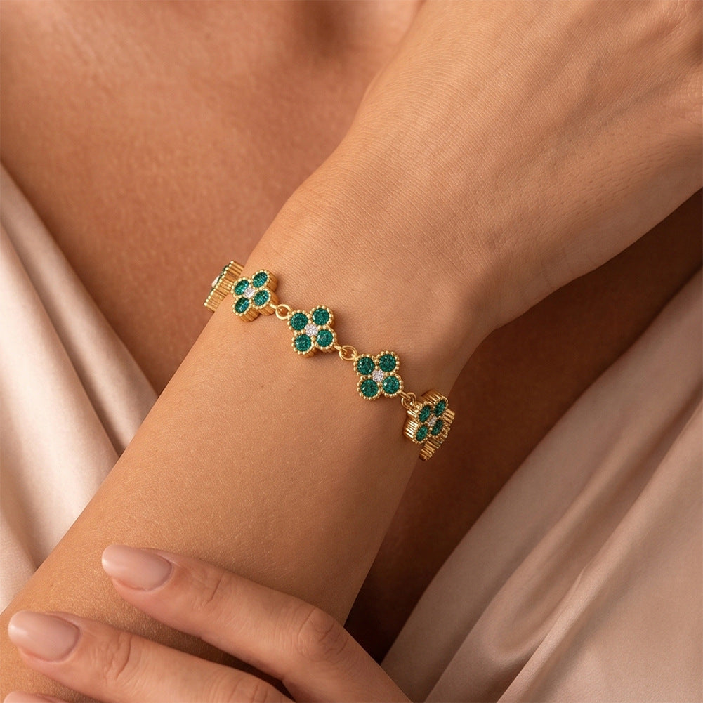 Stainless Steel Green CZ Four Leaf Clover Station Bracelet, Emerald Tone Clover Charm Adjustable Bracelet