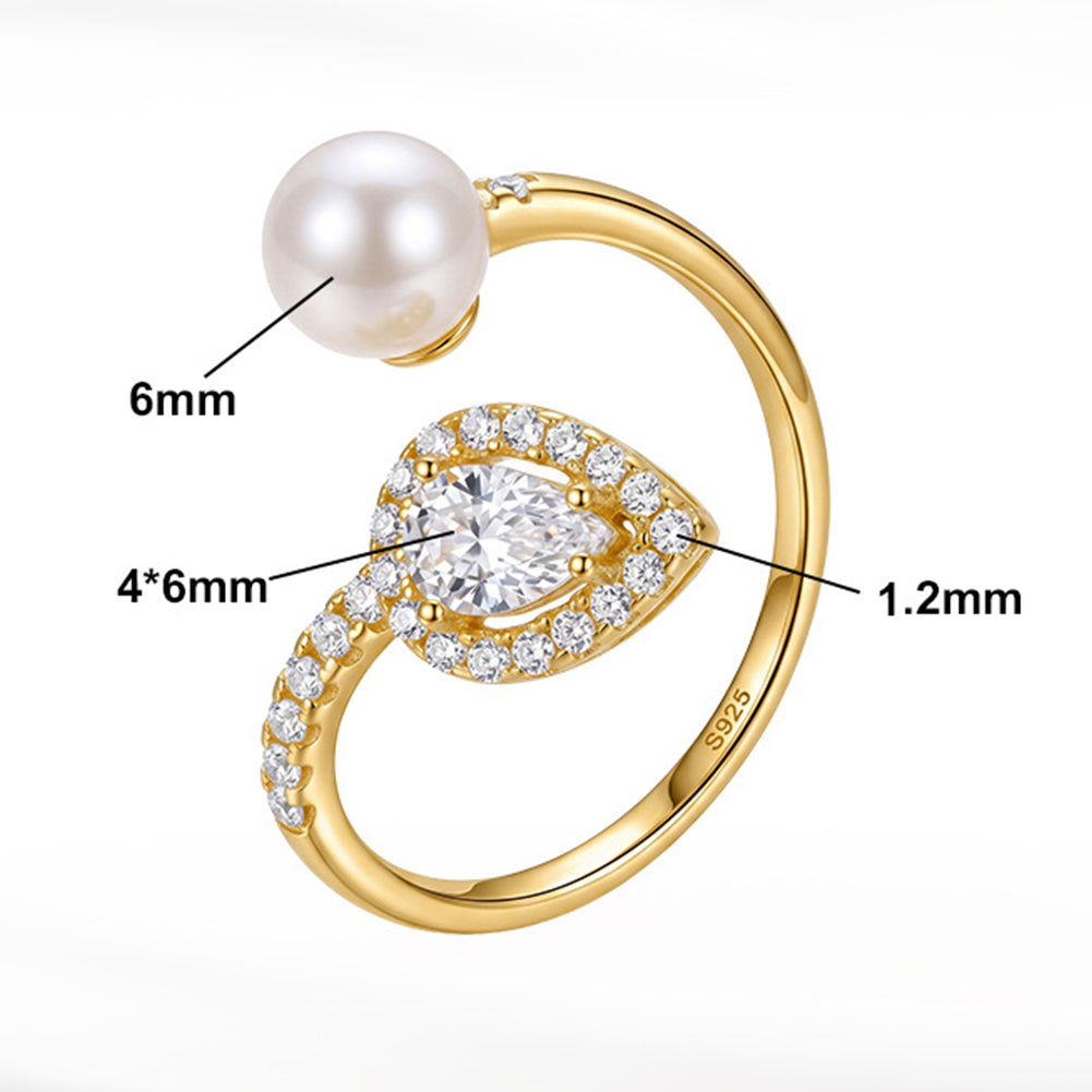S925 Sterling Silver Open Cuff Ring, Large Glossy Round Pearl with Bright Iridescent Luster Matched with Teardrop Shaped Paved Zircon