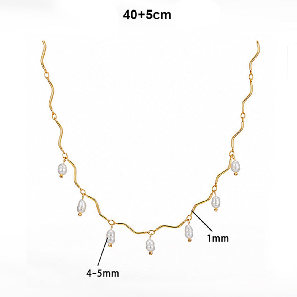 S925 Sterling Silver Wavy Chain Choker Necklace, Dainty Cascading Baroque Freshwater Pearl Drop Charms with Natural Iridescent Luster
