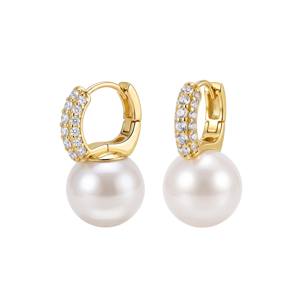 S925 Sterling Silver Huggie Hoop Pearl Earrings, Big Smooth Round Pearl with Bright Silky Luster Dangling from Pave Zircon Hoop