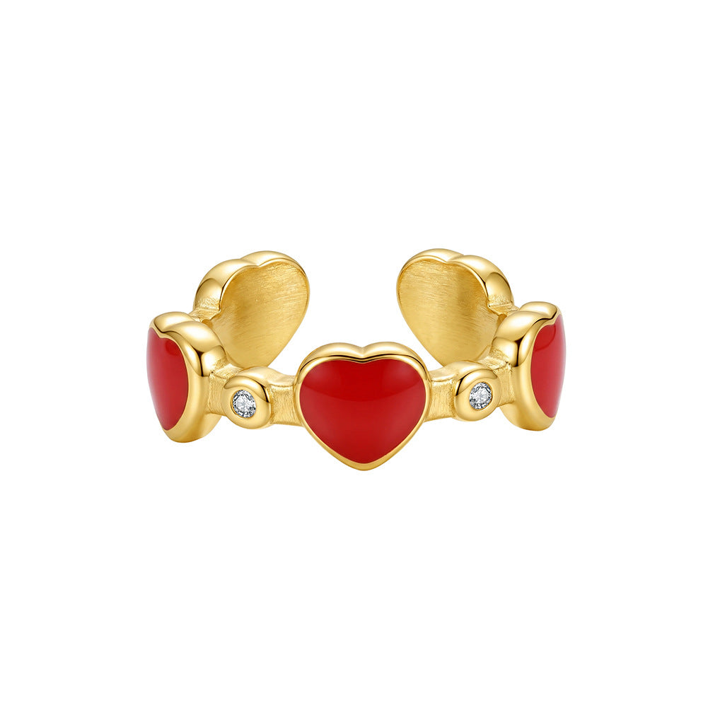 Stainless Steel Gold Plated Open Adjustable Ring with Red Enamel Hearts and Tiny CZ Stones
