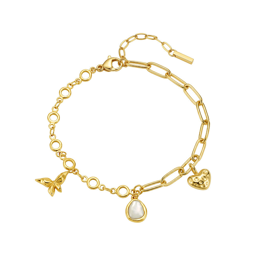 14K Gold Plated Stainless Steel Mixed Link Bracelet with Baroque Pearl, Butterfly and Hammered Heart Charms