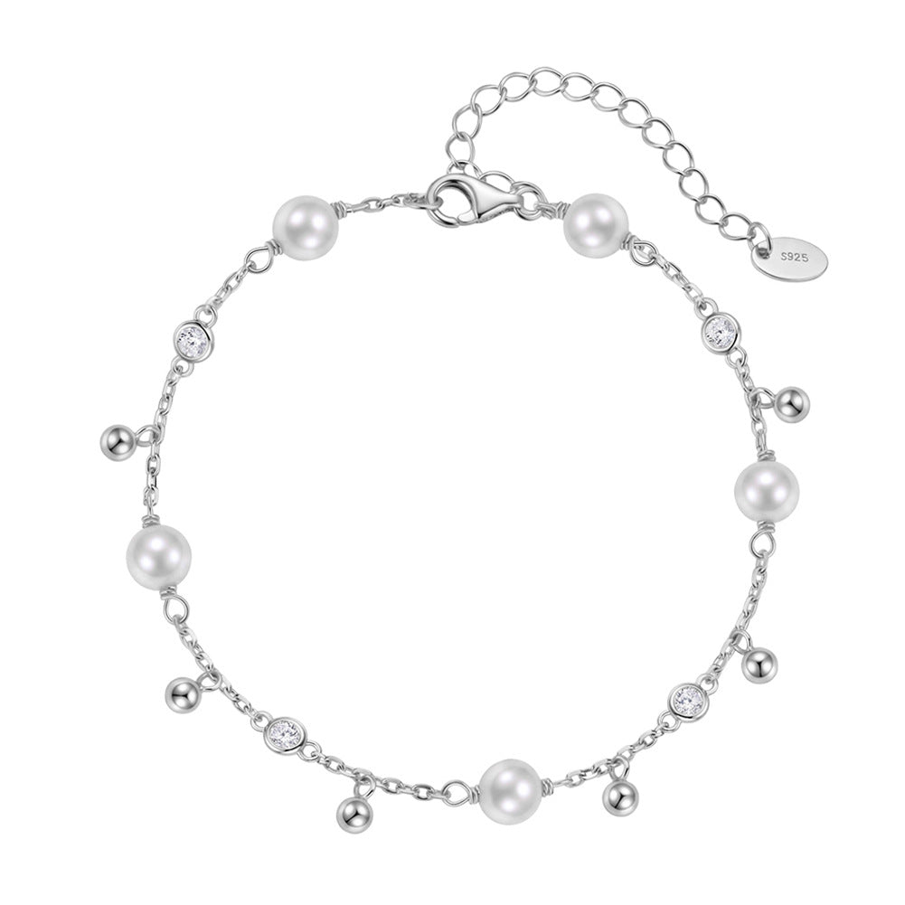 S925 Sterling Silver Dainty Pearl Bracelet, Creamy Round Pearls with Gentle Iridescent Luster, Tiny Zircon and Silver Ball Charms